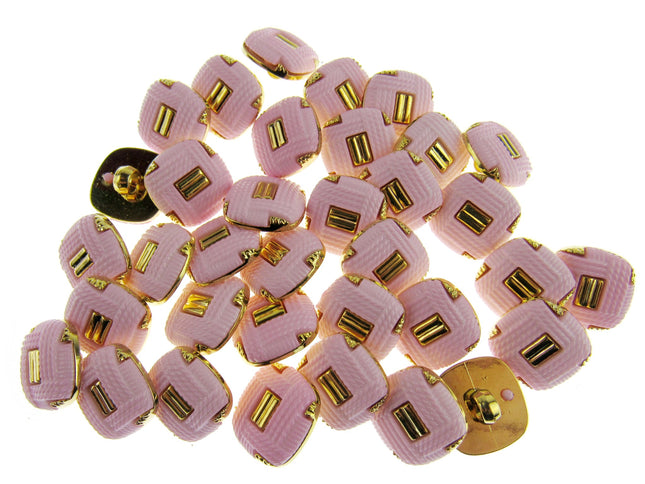Square Pink Plastic Shank Button with Gold Embellishment- 17mm - 79 Buttons