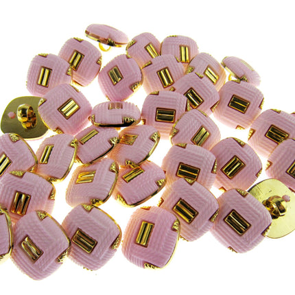 Square Pink Plastic Shank Button with Gold Embellishment- 17mm - 79 Buttons