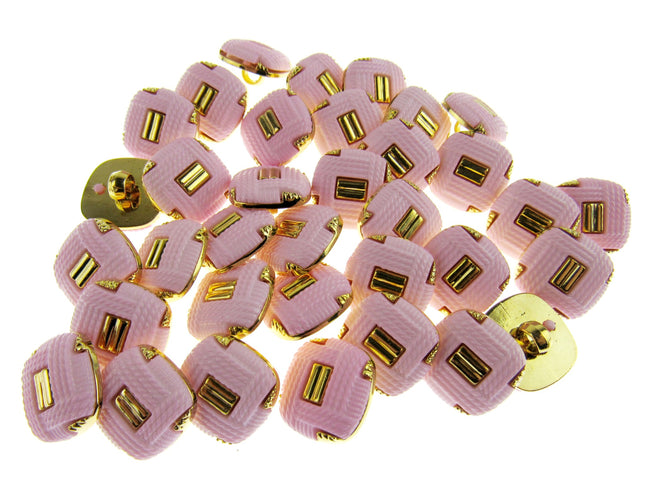 Square Pink Plastic Shank Button with Gold Embellishment- 17mm - 79 Buttons
