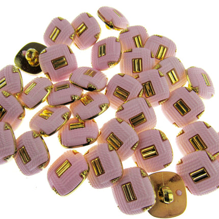 Square Pink Plastic Shank Button with Gold Embellishment- 17mm - 79 Buttons