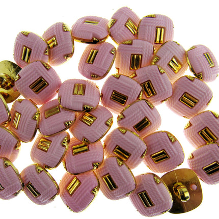 Square Pink Plastic Shank Button with Gold Embellishment- 17mm - 79 Buttons