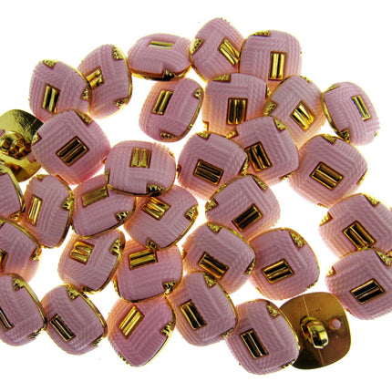 Square Pink Plastic Shank Button with Gold Embellishment- 17mm - 79 Buttons