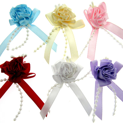 A set of five satin ribbon bows with pearl string tails and various colored flowers, including blue, yellow, pink, white, and purple.