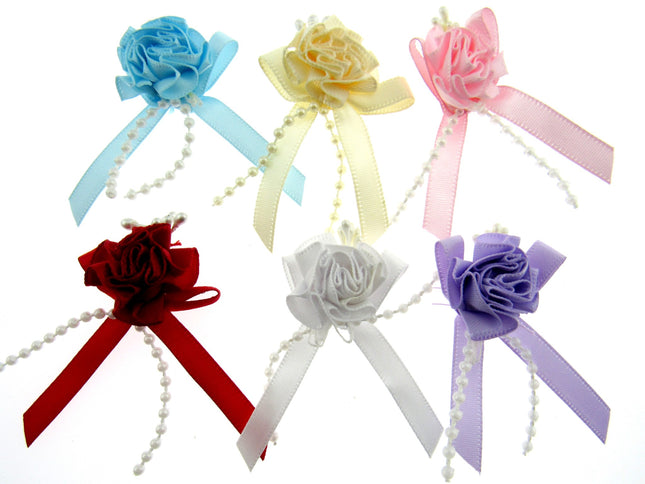 Carnation satin ribbon bows with pearl string stamens and trailing tails in red blue lilac ivory and cream pack of 5