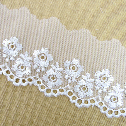 Scalloped Lace with Embroidered Flower 55mm Wide x 3m White, Ivory or Pink 2106 - ThreadandTrimmings