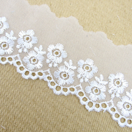 Scalloped Lace with Embroidered Flower 55mm Wide x 3m White, Ivory or Pink 2106 - ThreadandTrimmings