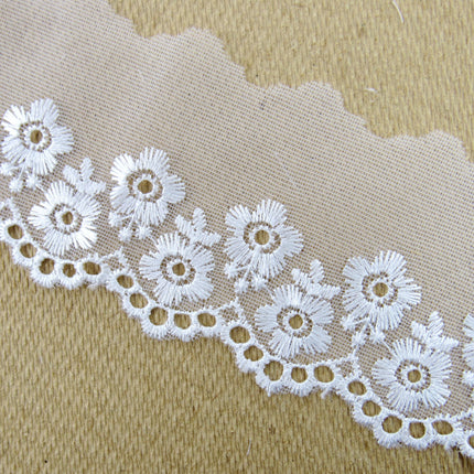 Scalloped Lace with Embroidered Flower 55mm Wide x 3m White, Ivory or Pink 2106 - ThreadandTrimmings