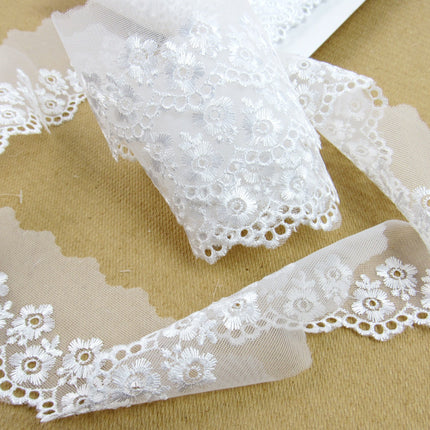 Scalloped Lace with Embroidered Flower 55mm Wide x 3m White, Ivory or Pink 2106 - ThreadandTrimmings
