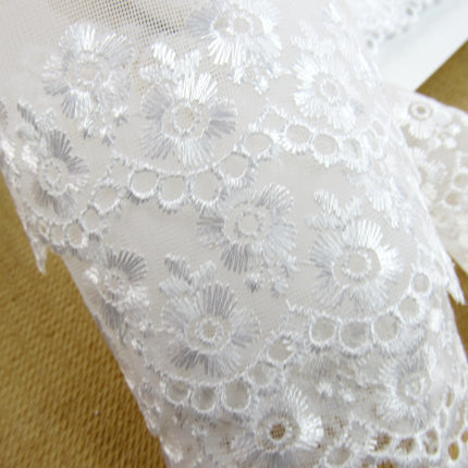 Scalloped Lace with Embroidered Flower 55mm Wide x 3m White, Ivory or Pink 2106 - ThreadandTrimmings