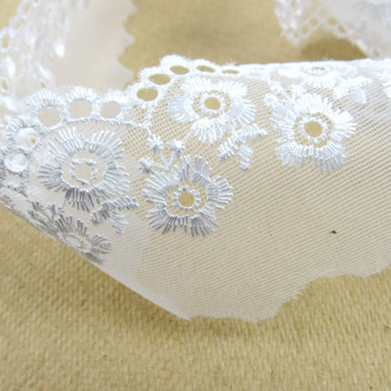 Scalloped Lace with Embroidered Flower 55mm Wide x 3m White, Ivory or Pink 2106 - ThreadandTrimmings