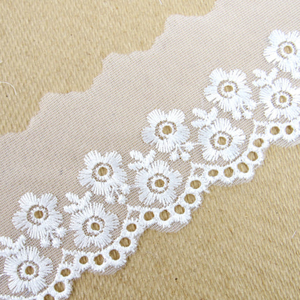 Scalloped Lace with Embroidered Flower 55mm Wide x 3m White, Ivory or Pink 2106 - ThreadandTrimmings
