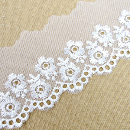 Scalloped Lace with Embroidered Flower 55mm Wide x 3m White, Ivory or Pink 2106 - ThreadandTrimmings