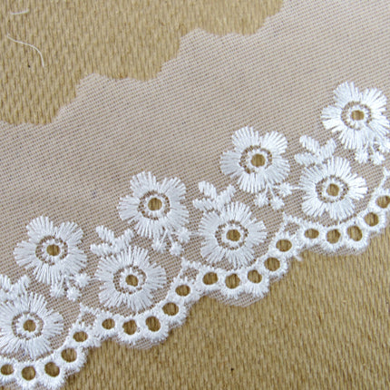 Scalloped Lace with Embroidered Flower 55mm Wide x 3m White, Ivory or Pink 2106 - ThreadandTrimmings