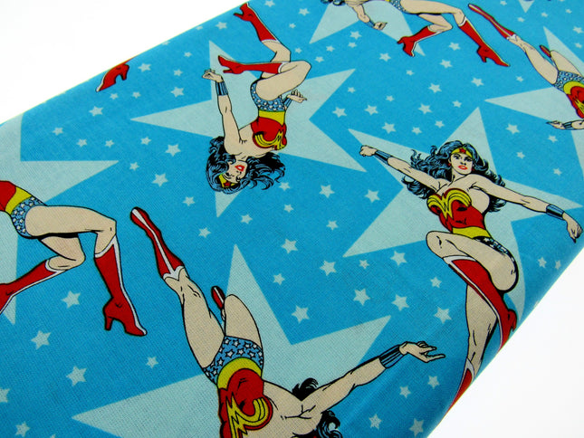 Blue Cotton Fabric with Wonder Woman Girl Power Theme 100% Cotton Fabric - ThreadandTrimmings