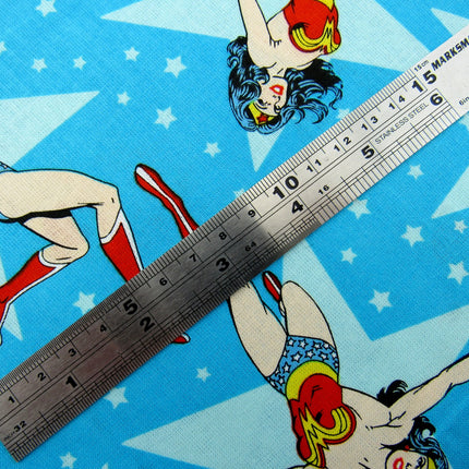 Blue Cotton Fabric with Wonder Woman Girl Power Theme 100% Cotton Fabric - ThreadandTrimmings