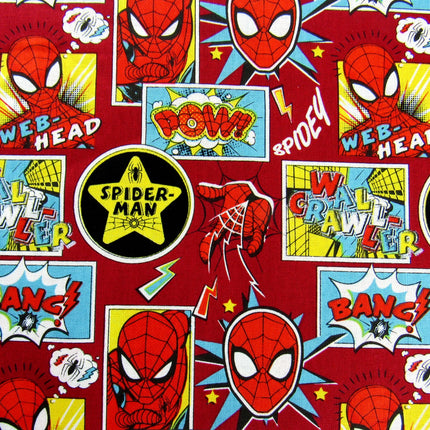 Dark Red Cotton Fabric with Spider Man Theme Does Whatever a Spider Can - ThreadandTrimmings