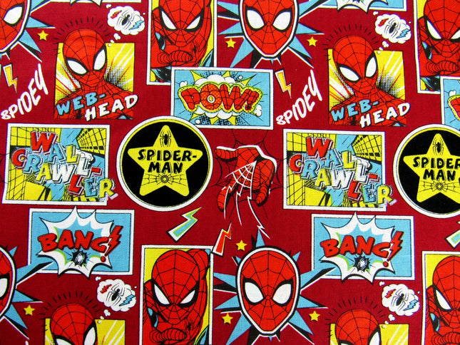 Dark Red Cotton Fabric with Spider Man Theme Does Whatever a Spider Can - ThreadandTrimmings