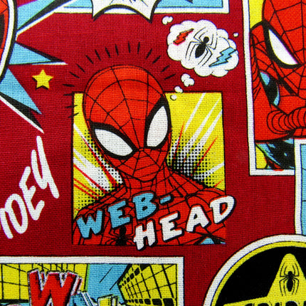 Dark Red Cotton Fabric with Spider Man Theme Does Whatever a Spider Can - ThreadandTrimmings
