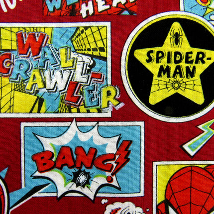 Dark Red Cotton Fabric with Spider Man Theme Does Whatever a Spider Can - ThreadandTrimmings
