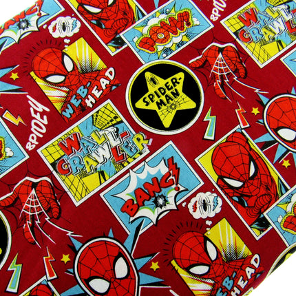Dark Red Cotton Fabric with Spider Man Theme Does Whatever a Spider Can - ThreadandTrimmings