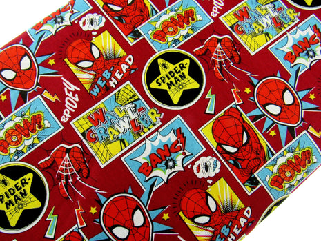 Dark Red Cotton Fabric with Spider Man Theme Does Whatever a Spider Can - ThreadandTrimmings