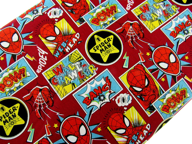 Dark Red Cotton Fabric with Spider Man Theme Does Whatever a Spider Can - ThreadandTrimmings