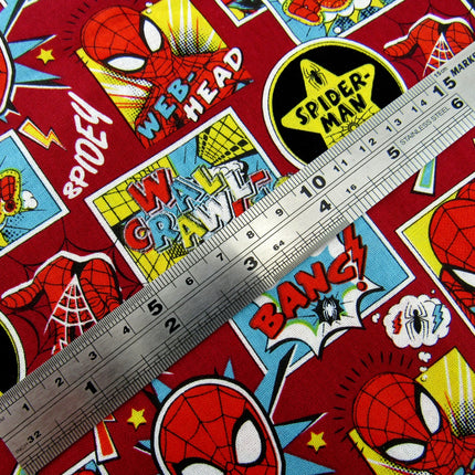 Dark Red Cotton Fabric with Spider Man Theme Does Whatever a Spider Can - ThreadandTrimmings