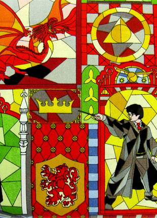 Red Cotton Fabric with Harry Potter Stained Glass Window Theme 100% Cotton Print
