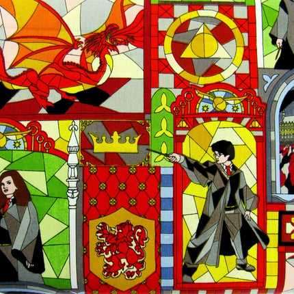 Red Cotton Fabric with Harry Potter Stained Glass Window Theme 100% Cotton Print