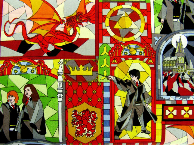 Red Cotton Fabric with Harry Potter Stained Glass Window Theme 100% Cotton Print