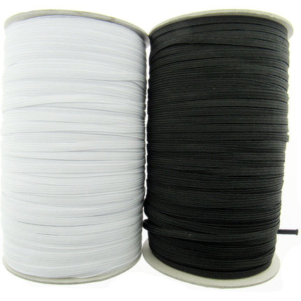 A roll of thin flat braid elastic in black and white colors, with a 7mm width and an 8 cord knicker.