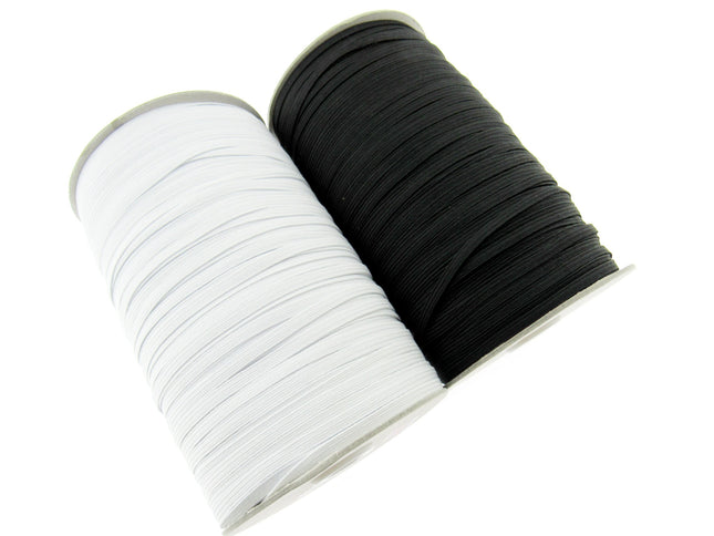 Thin Flat Braid Elastic - 7mm - 8 Cord Knicker - Face Mask Elastic Black - White - ThreadandTrimmings