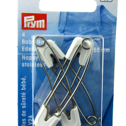 Baby Nappy Pins with Safety Lockable Cap 55mm Long Stainless Steel By Prym - ThreadandTrimmings
