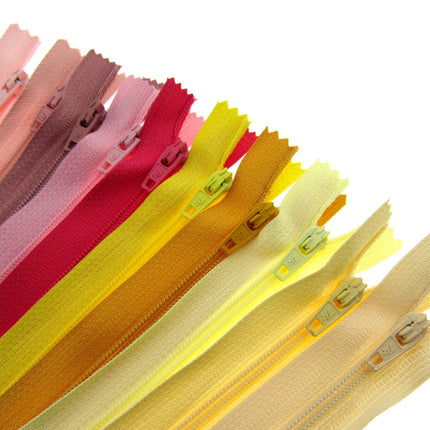 Nylon Closed End Zips - Rhubarb & Custard Sample Mix - 10 Pack -10 Sizes 6"- 22"