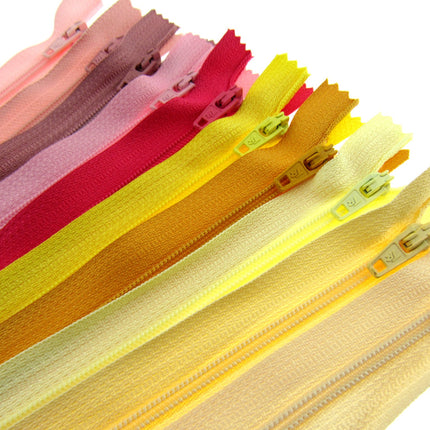 Nylon Closed End Zips - Rhubarb & Custard Sample Mix - 10 Pack -10 Sizes 6"- 22"