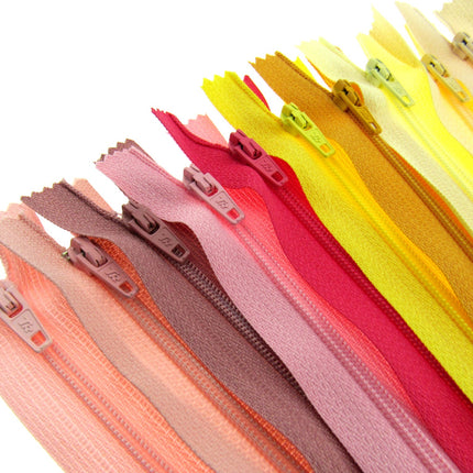 Nylon Closed End Zips - Rhubarb & Custard Sample Mix - 10 Pack -10 Sizes 6"- 22"