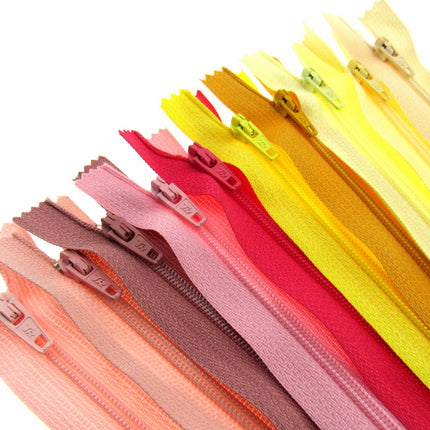Nylon Closed End Zips - Rhubarb & Custard Sample Mix - 10 Pack -10 Sizes 6"- 22"