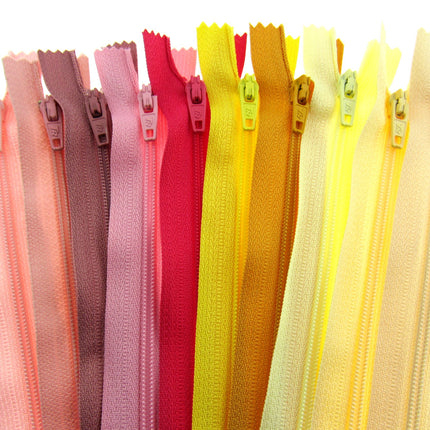 Nylon Closed End Zips - Rhubarb & Custard Sample Mix - 10 Pack -10 Sizes 6"- 22"