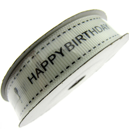 Happy Birthday Ribbon 16mm 10m Roll Ivory Grosgrain with Black Text and Balloon - ThreadandTrimmings
