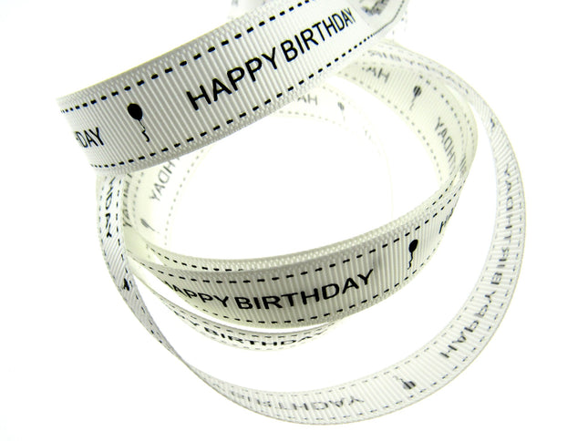 Happy Birthday Ribbon 16mm 10m Roll Ivory Grosgrain with Black Text and Balloon - ThreadandTrimmings