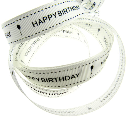 Happy Birthday Ribbon 16mm 10m Roll Ivory Grosgrain with Black Text and Balloon - ThreadandTrimmings