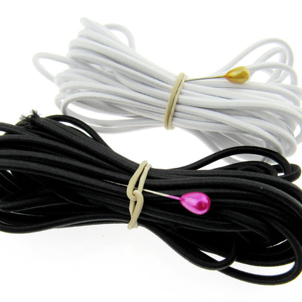 Bundles of black and white round elastic cord, tied in neat bows with a rubber band, presented against a white background. The image shows the elastic for crafting purposes, illustrating the product's potential use in jewellery and bead crafts, tailoring, and general crafting.