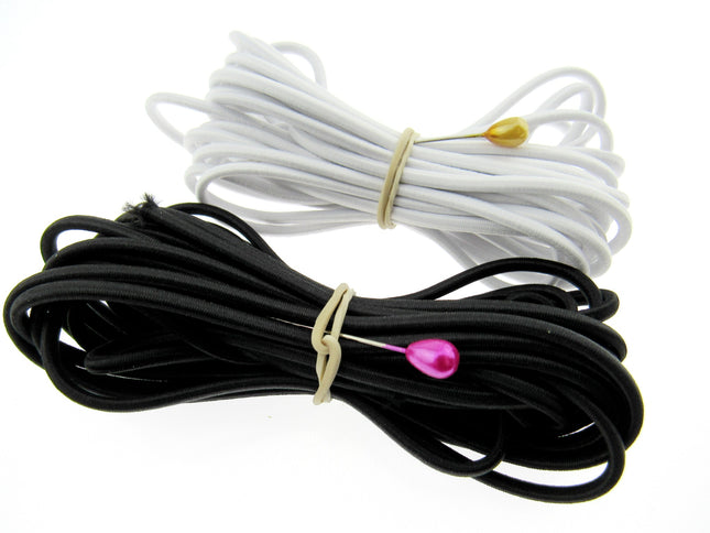 Bundles of black and white round elastic cord, tied in neat bows with a rubber band, presented against a white background. The image shows the elastic for crafting purposes, illustrating the product's potential use in jewellery and bead crafts, tailoring, and general crafting.