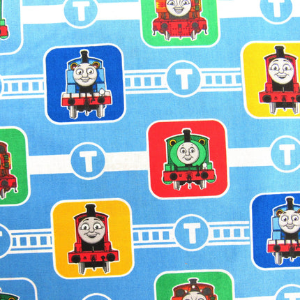 Blue Cotton Fabric with Thomas & Friends Train Character Blocks Printed Fabric - ThreadandTrimmings