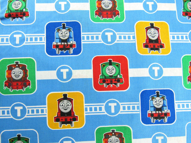 Blue Cotton Fabric with Thomas & Friends Train Character Blocks Printed Fabric - ThreadandTrimmings