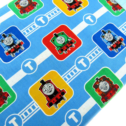 Blue Cotton Fabric with Thomas & Friends Train Character Blocks Printed Fabric - ThreadandTrimmings