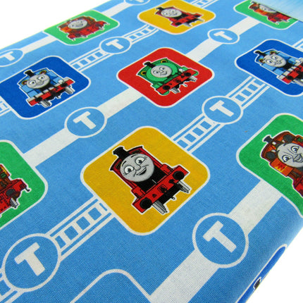 Blue Cotton Fabric with Thomas & Friends Train Character Blocks Printed Fabric - ThreadandTrimmings