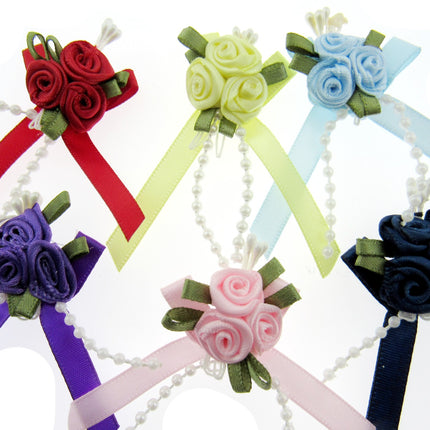 Rose Cluster Ribbon Bows with Green Leaves, Pearl String Beads & Stamens 53413GL