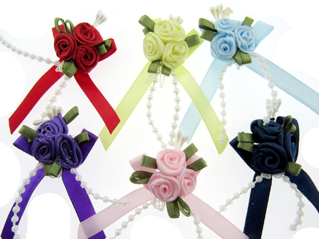 Rose cluster satin ribbon bow with pearl beads green leaves and stamens pale blue craft wedding