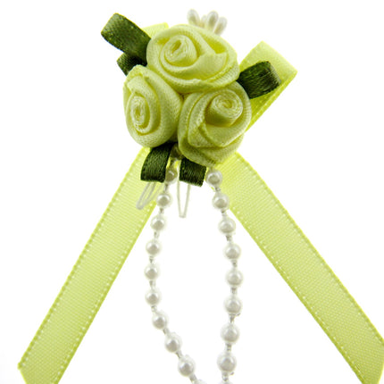 Rose Cluster Ribbon Bows with Green Leaves, Pearl String Beads & Stamens 53413GL